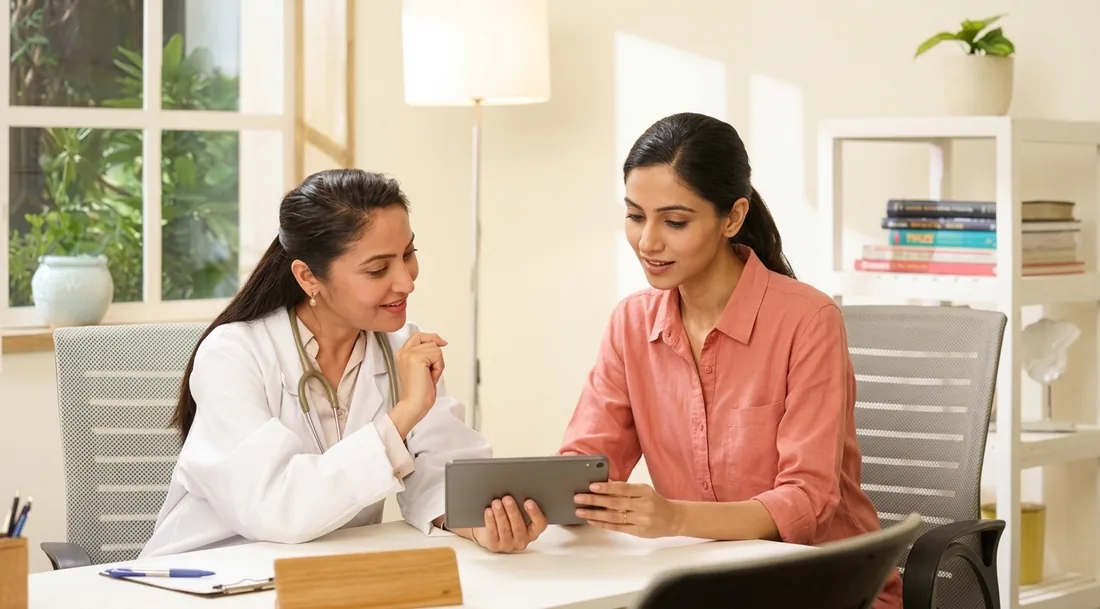 A doctor and a patient sitting at the same eye level, having a conversation